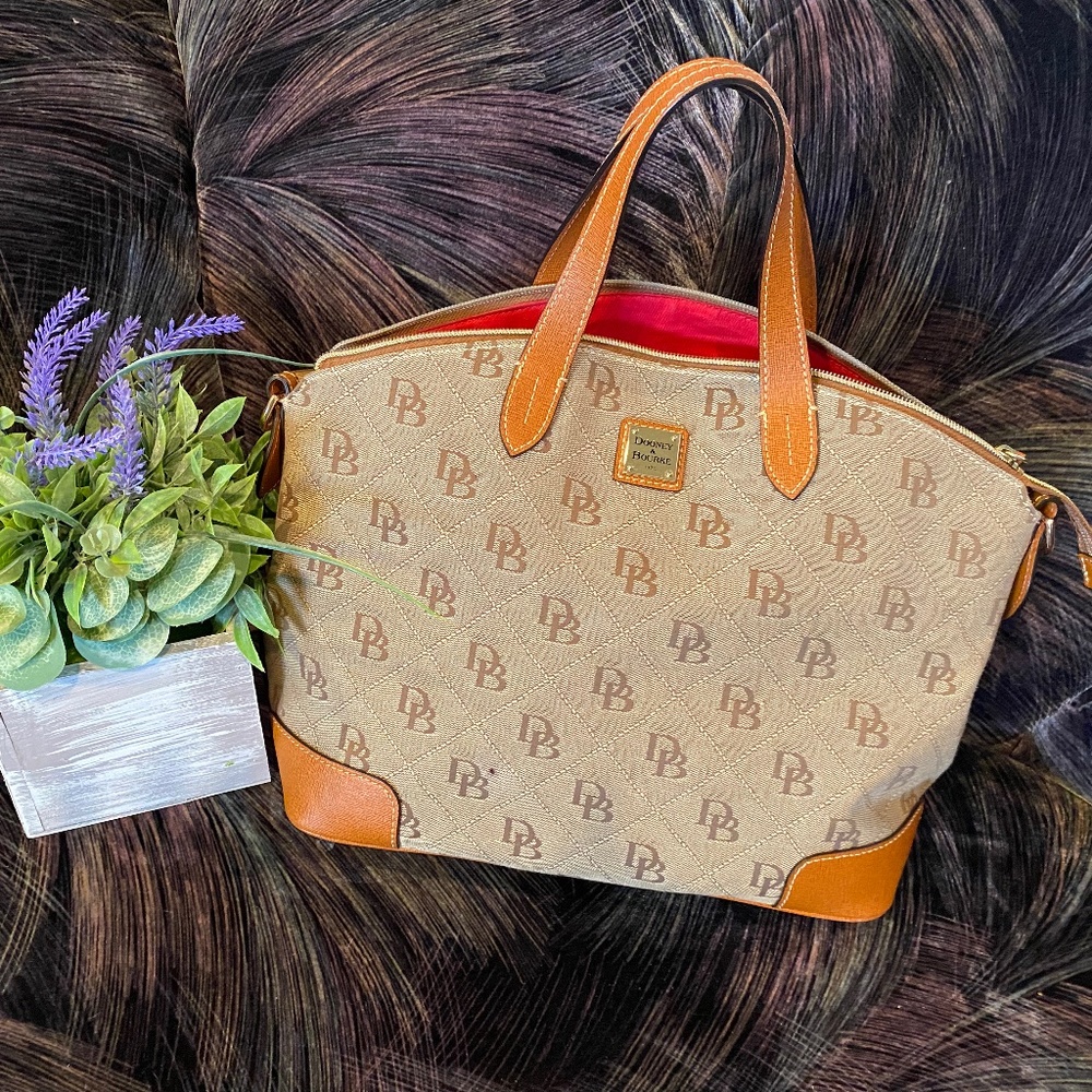 Dooney & Bourke Large Vintage Tan Leather and Canvas Handbag